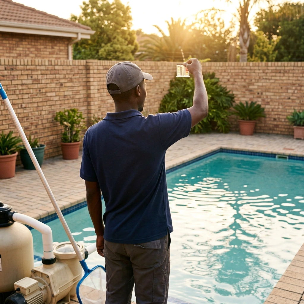 Mictech swimming pool services in Gauteng, a technician servicing a clean pool